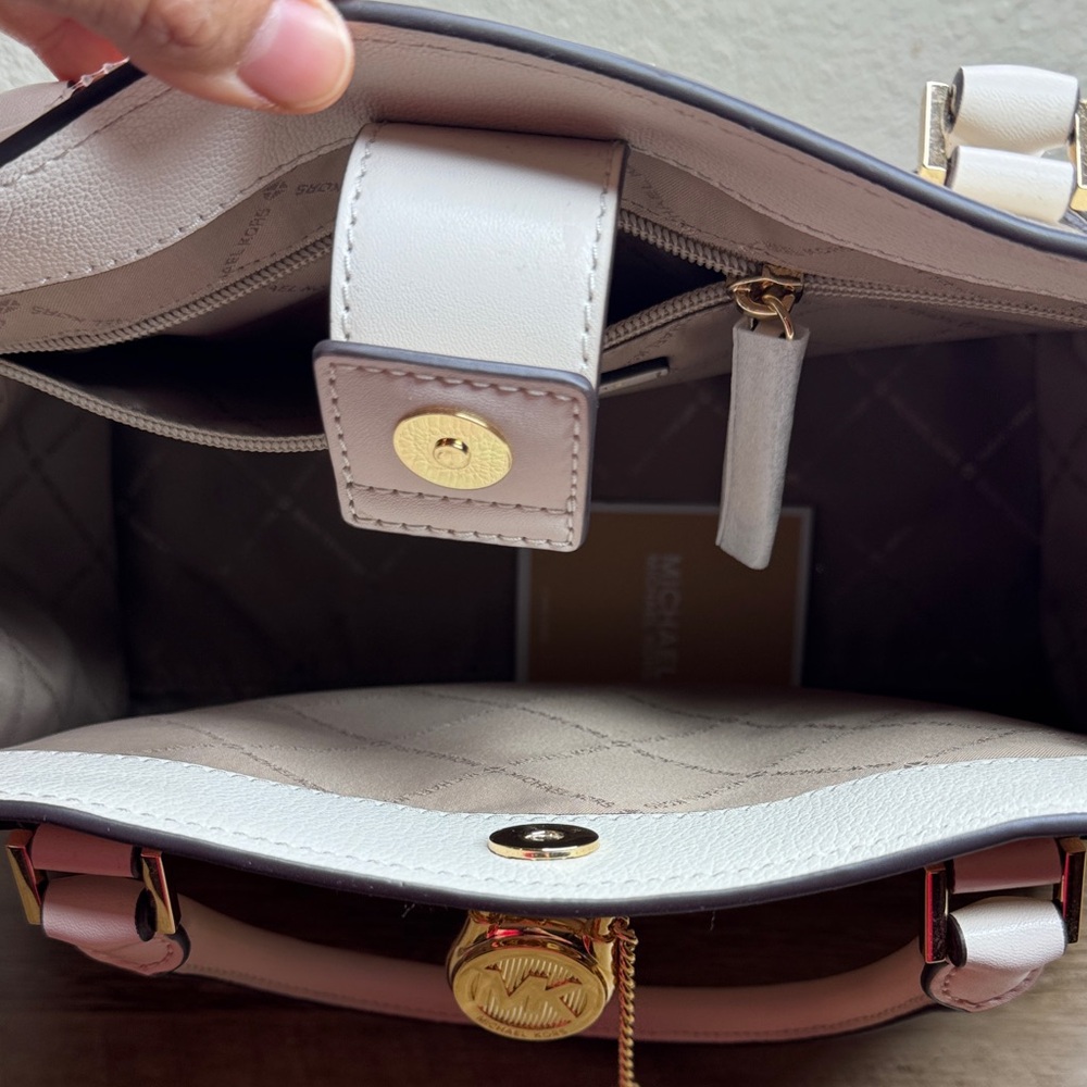 Michael Kors Hamilton Leather Medium Light Cream Satchel with Gold Accents - Picture 7 of 8